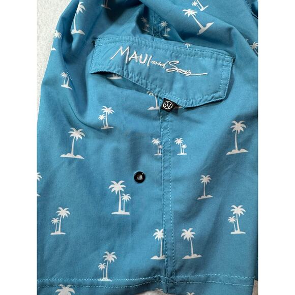 Maui & Sons Men Board Shorts Blue with Palm Trees Black Shark 4 Way Stretch 38 - Picture 4 of 14
